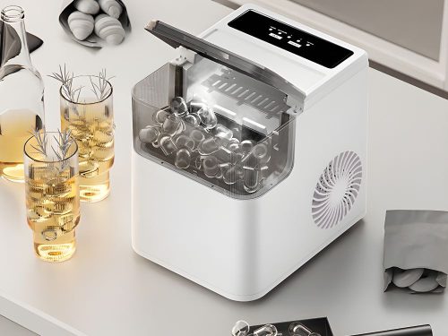 Automatický elektrický výrobník ľadu s 2 veľkosťami kociek a lopatkou, biely, nádrž 1,6 l, 165 W, 29,5 × 28,5 × 22 cm