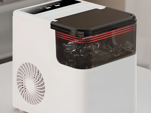 Automatický elektrický výrobník ľadu s 2 veľkosťami kociek a lopatkou, biely, nádrž 1,6 l, 165 W, 29,5 × 28,5 × 22 cm