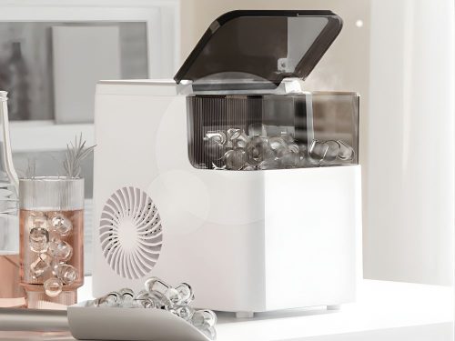 Automatický elektrický výrobník ľadu s 2 veľkosťami kociek a lopatkou, biely, nádrž 1,6 l, 165 W, 29,5 × 28,5 × 22 cm