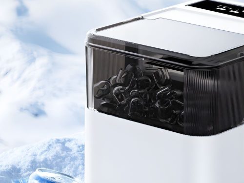Automatický elektrický výrobník ľadu s 2 veľkosťami kociek a lopatkou, biely, nádrž 1,6 l, 165 W, 29,5 × 28,5 × 22 cm