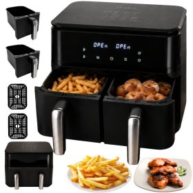   Dvojkomorová teplovzdušná fritéza Air Fryer s 2 košmi a 2 roštmi, čierna, 15 l, 2400 W, 31,5 × 40 × 26,5 cm