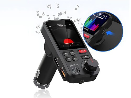 Bluetooth 5.0 FM Transzmitter és Autós Kihangosító QC 3.0 Gyorstöltővel, Fekete, Basszuskiemelő és MicroSD Kártyaolvasó, 12V 24V, Magasság 14.5 cm