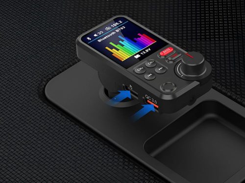Bluetooth 5.0 FM Transzmitter és Autós Kihangosító QC 3.0 Gyorstöltővel, Fekete, Basszuskiemelő és MicroSD Kártyaolvasó, 12V 24V, Magasság 14.5 cm