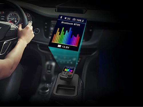 Bluetooth 5.0 FM Transzmitter és Autós Kihangosító QC 3.0 Gyorstöltővel, Fekete, Basszuskiemelő és MicroSD Kártyaolvasó, 12V 24V, Magasság 14.5 cm