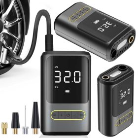   Hordozható Elektromos Pumpa és Autós Kompresszor LCD Kijelzővel, LED Lámpával, 2000mAh, 10 Bar, Fekete Univerzális Készlet