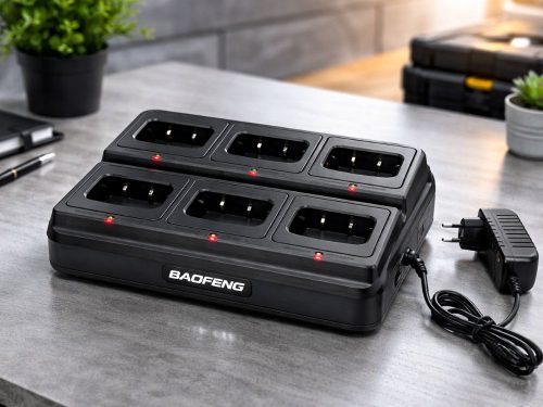 Dokovacia stanica a 6-portová nabíjačka vysielačiek so sieťovým adaptérom, čierna, LED displej, 24 × 18 × 6 cm