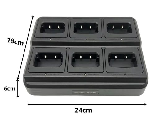 Dokovacia stanica a 6-portová nabíjačka vysielačiek so sieťovým adaptérom, čierna, LED displej, 24 × 18 × 6 cm