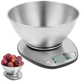   Digitálna kuchynská váha s odnímateľnou kovovou miskou a funkciou tara, strieborná, do 5 kg, presnosť 1 g, LCD, 20 × 18 × 13 cm