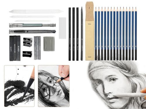 32-dielna umelecká súprava na kreslenie s grafitovými a uhlíkovými ceruzkami, v praktickej taške