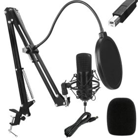   Štúdiová mikrofónová súprava s nastaviteľným stolovým ramenom a pop filtrom, čierna, kardioidná, kábel 250 cm, mikrofón 16 × 4,5 cm