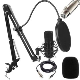   Štúdiová mikrofónová súprava s nastaviteľným ramenom a pop filtrom, čierna, kardioidná, XLR a USB, kábel 200 cm, mikrofón 16 × 4,5 cm