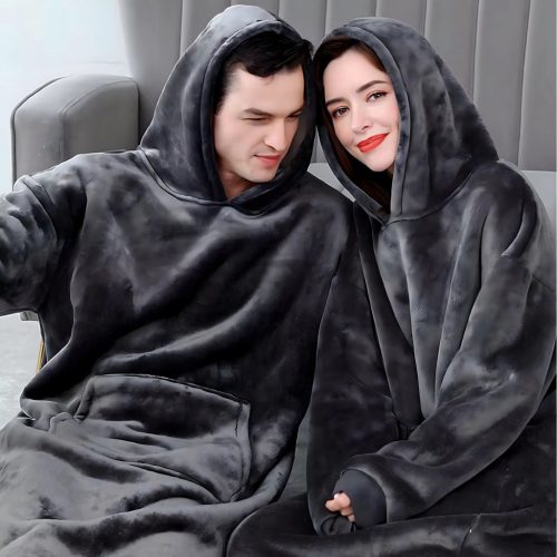 Čierna mikinová deka 2 v 1 s hrubou podšívkou, kapucňou a predným vreckom