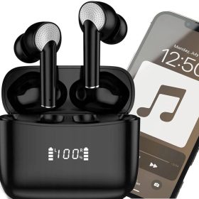   Bezdrôtové čierne Bluetooth slúchadlá s nabíjacím puzdrom