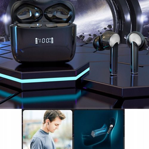 Bezdrôtové čierne Bluetooth slúchadlá s nabíjacím puzdrom