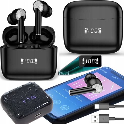 Bezdrôtové čierne Bluetooth slúchadlá s nabíjacím puzdrom