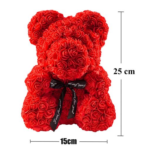 MEDVEDÍK S LED RUŽAMI 25 CM ROSE BEAR S RUŽOVÝMI OKVETNÝMI LÍSTKAMI, MAŠLIČKA, DARČEKOVÁ KRABIČKA