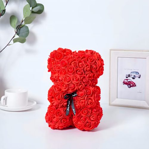 MEDVEDÍK S LED RUŽAMI 25 CM ROSE BEAR S RUŽOVÝMI OKVETNÝMI LÍSTKAMI, MAŠLIČKA, DARČEKOVÁ KRABIČKA