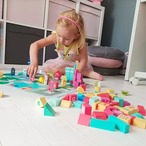 Drevené kocky Mesto Autá 100 kociek + puzzle Hračka Na Triedenie Drevená skladačka