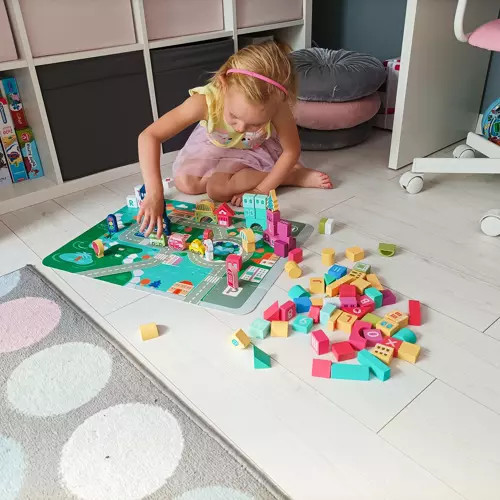 Drevené kocky Mesto Autá 100 kociek + puzzle Hračka Na Triedenie Drevená skladačka