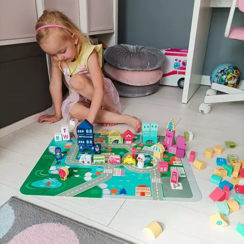 Drevené kocky Mesto Autá 100 kociek + puzzle Hračka Na Triedenie Drevená skladačka