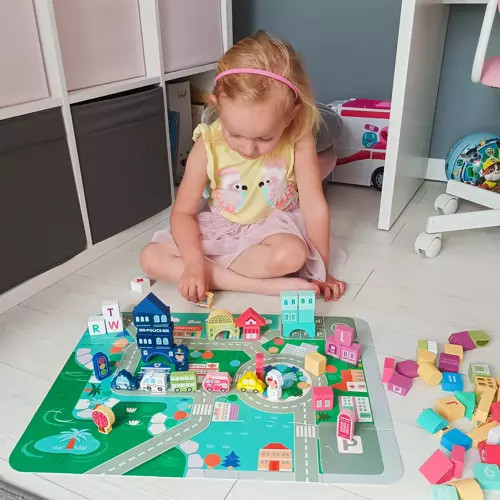 Drevené kocky Mesto Autá 100 kociek + puzzle Hračka Na Triedenie Drevená skladačka