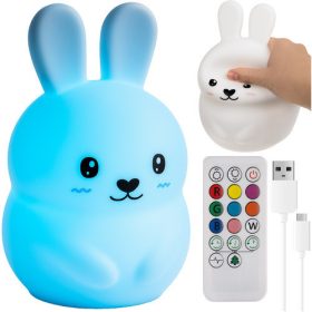   Detské LED RGB nočné svetlo v tvare králika, silikónové, USB + diaľkové ovládanie